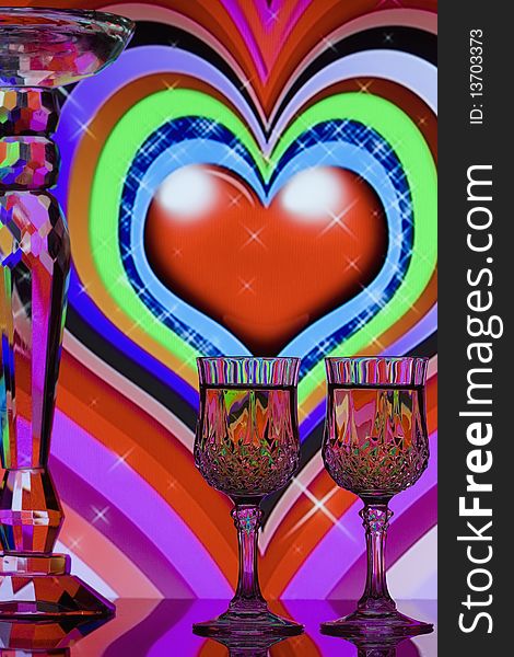Multicolored hearts background with two crystal wine glasses in foreground. Multicolored hearts background with two crystal wine glasses in foreground