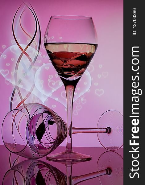 Two wine glasses on pink background with floating heart bubbles. Two wine glasses on pink background with floating heart bubbles