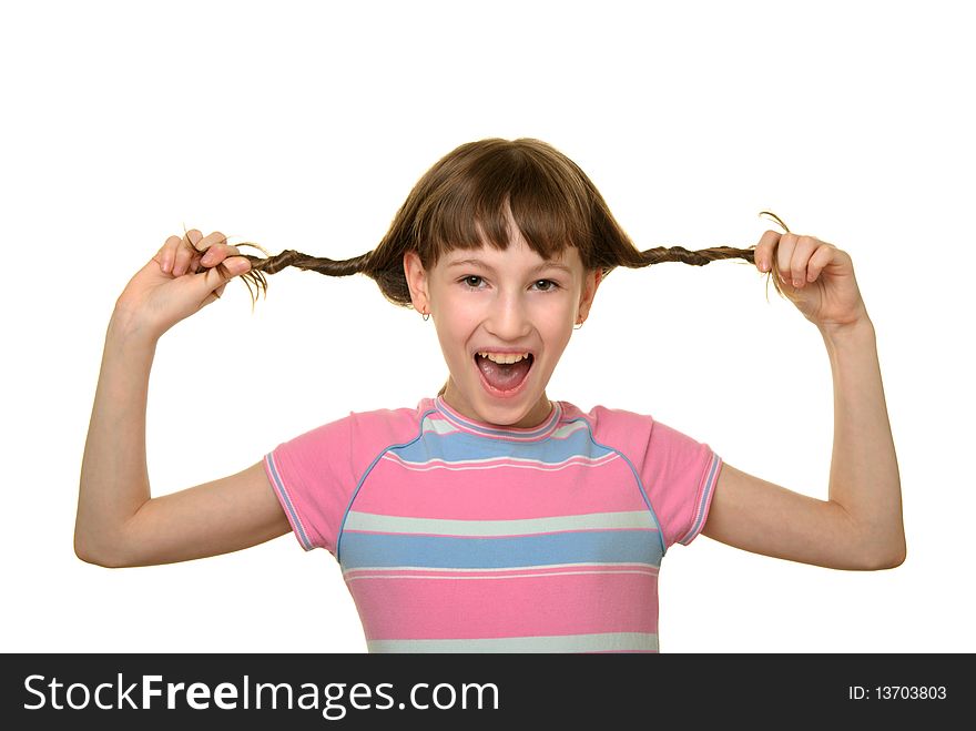 Happy girl with plaits isolated in white