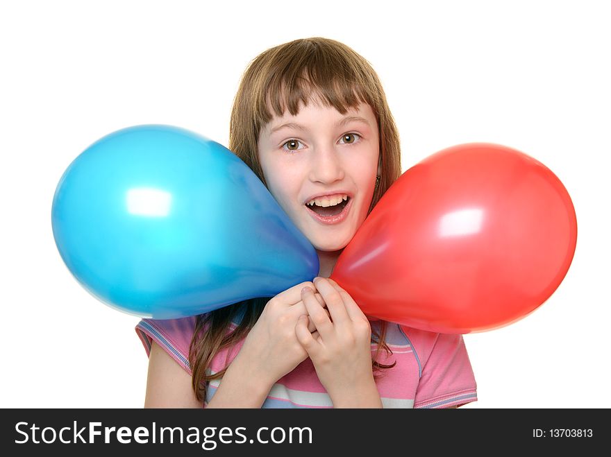 Girl with two colour balloons isolated in white