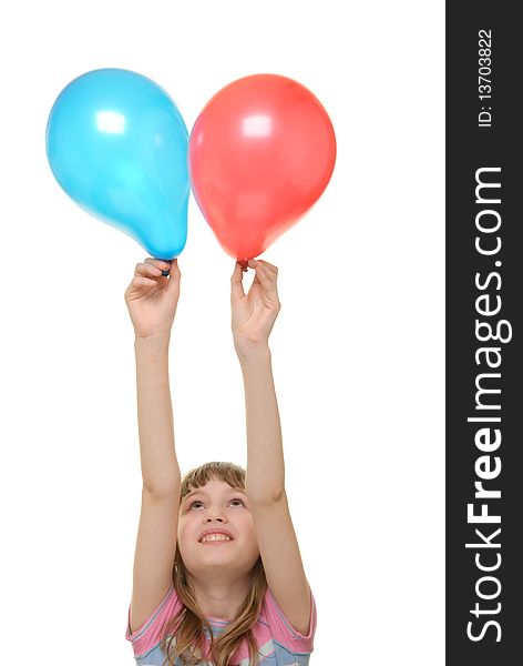 Girl with two balloons isolated in white