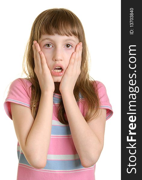 Surprised girl with widely open eyes isolated in white