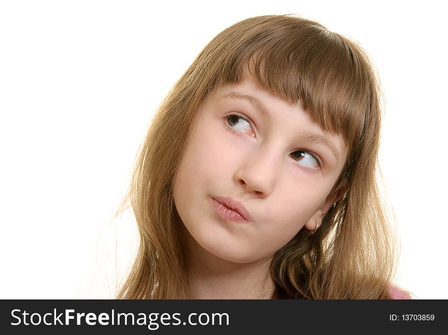 Girl in thoughtfulness and meditations isolated in white