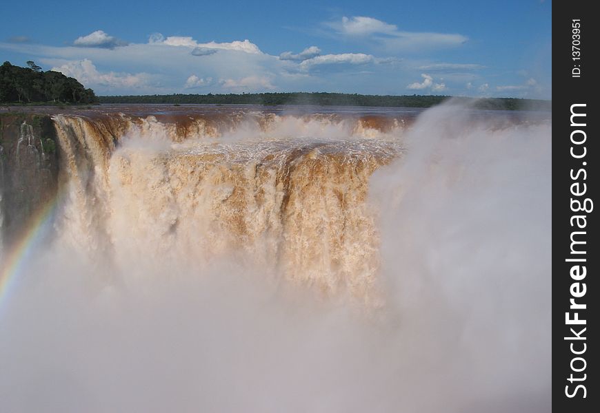 Iguassu waterfalls on a sunny day early in the morning. The biggest waterfalls on earth.