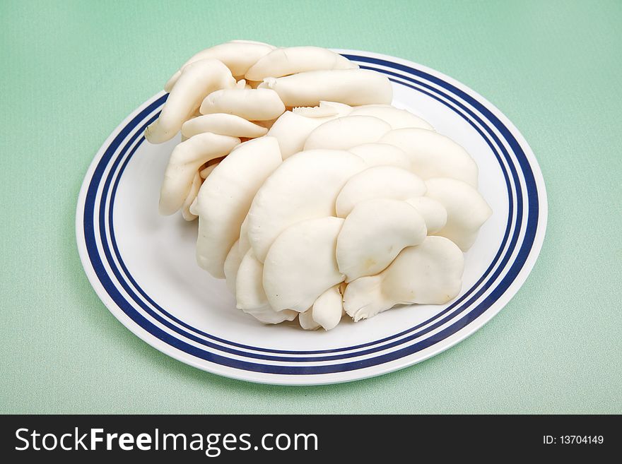 Fresh white mushroom on the plate.(on green background.)