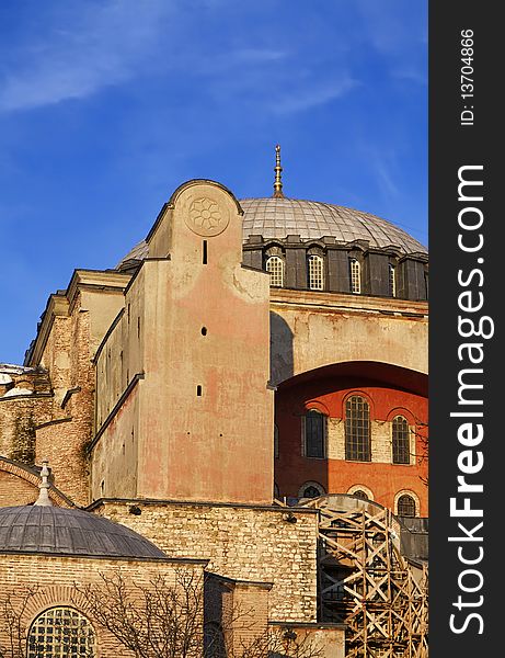 Turkey, Istanbul, St. Sophia Cathedral at sunset (built in the 4th century by Costantine the Great and reconstructed in the 6th century by Justinian