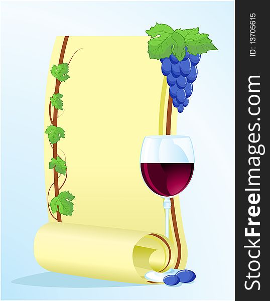 Frame for text decorated with grape vines and a glass of wine. Frame for text decorated with grape vines and a glass of wine
