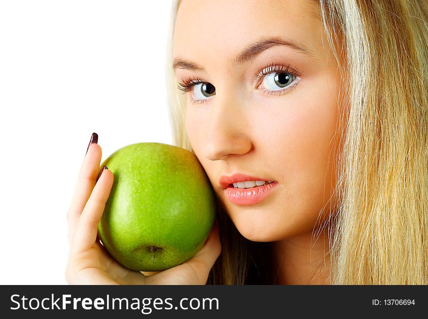 Woman with green apple.