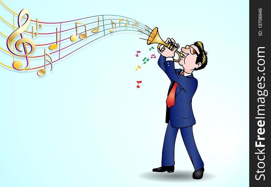 Man in suit standing and playing trumpet melody over music background. Man in suit standing and playing trumpet melody over music background