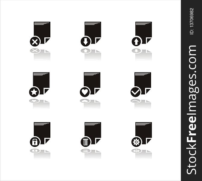 Set of 9 black document icons. Set of 9 black document icons