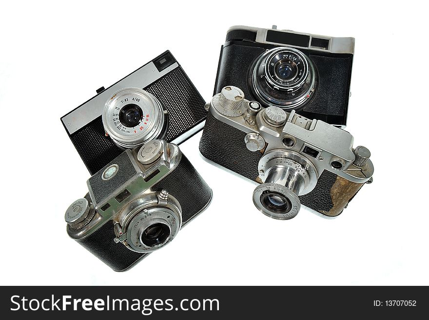 Old cameras with white background