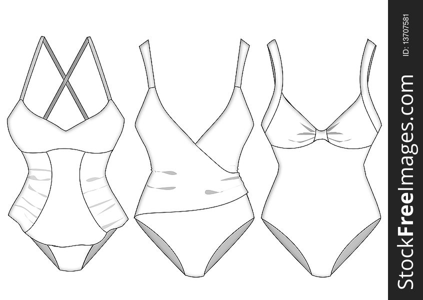 Ladies missy swimwear block sketches with shadow and fabric layering details. Ladies missy swimwear block sketches with shadow and fabric layering details