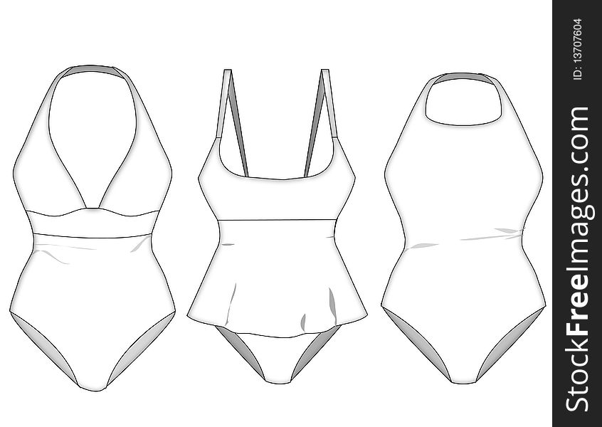 Ladies missy swimwear vector block sketches with shadow and fabric layering details. Ladies missy swimwear vector block sketches with shadow and fabric layering details