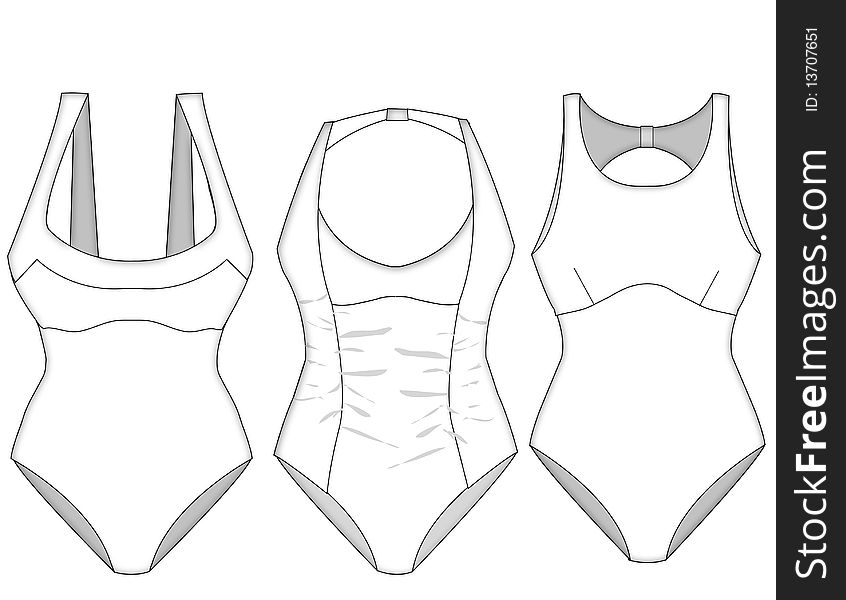 Ladies missy swimwear vector block sketches with shadow and fabric layering details. Ladies missy swimwear vector block sketches with shadow and fabric layering details
