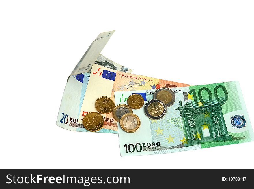 Euro banknotes and coins isolated on white background. Euro banknotes and coins isolated on white background