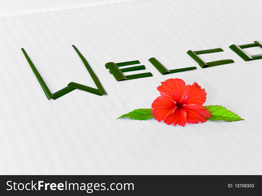 Word Welcome and flower on bed in hotel