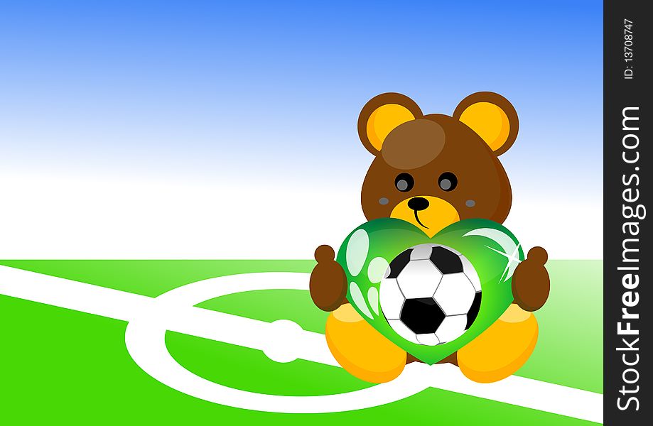 Bear holding green heart with football at stadium. Bear holding green heart with football at stadium