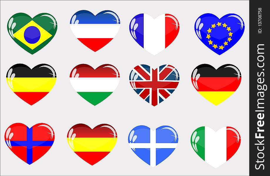 Flags of the countries located in glass heart. Flags of the countries located in glass heart