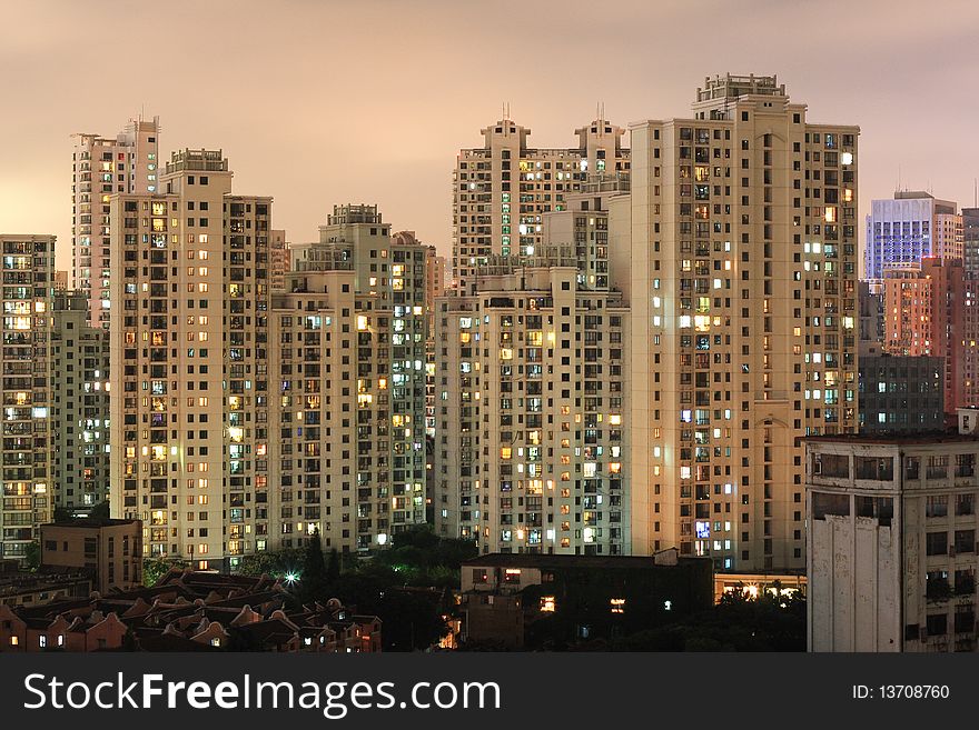 Night scene with high buildings in residence area of shanghai, china. Night scene with high buildings in residence area of shanghai, china.