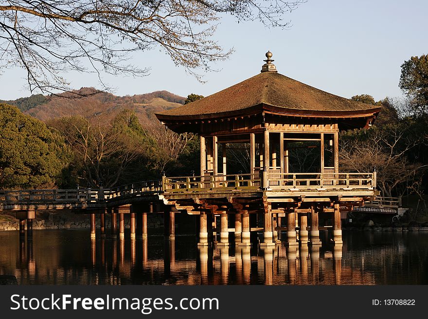 This is pavilion on a lake at Nara, Japan. It's a great place to relax and enjoy the sunset.