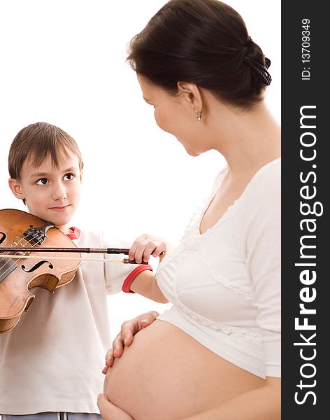 Pregnant woman and the son of a violin on white background