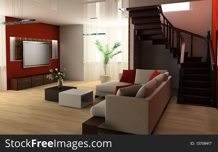 White sofa and stair in a drawing room 3d image