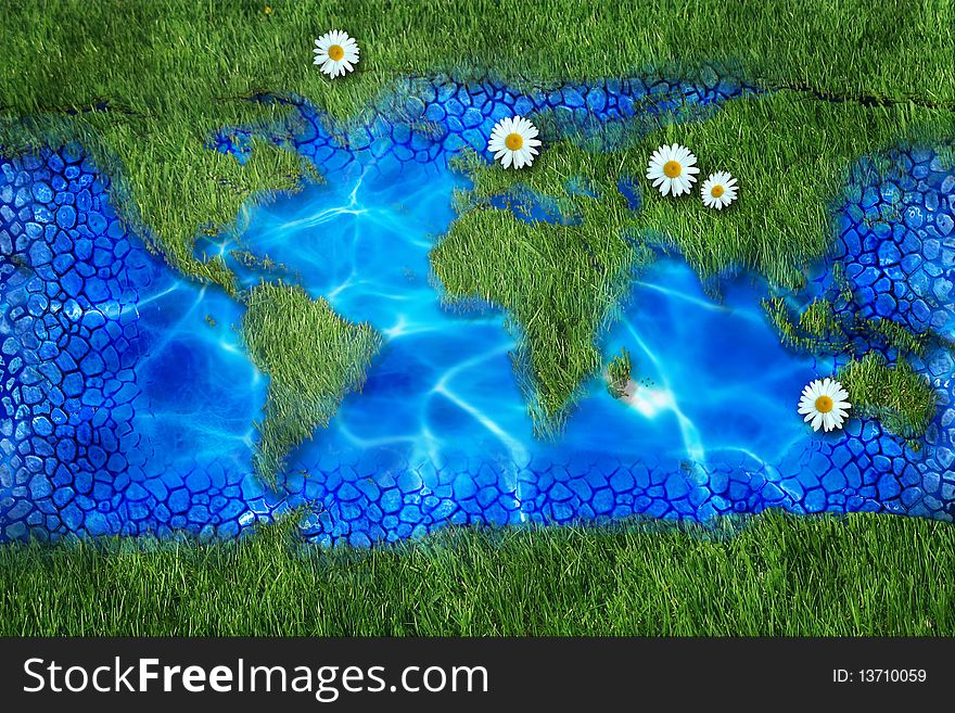 Green map of the earth with daisies - eco collection