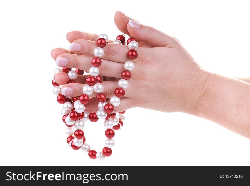 Beautiful hands with french manicure and feminine necklace on white background. Beautiful hands with french manicure and feminine necklace on white background