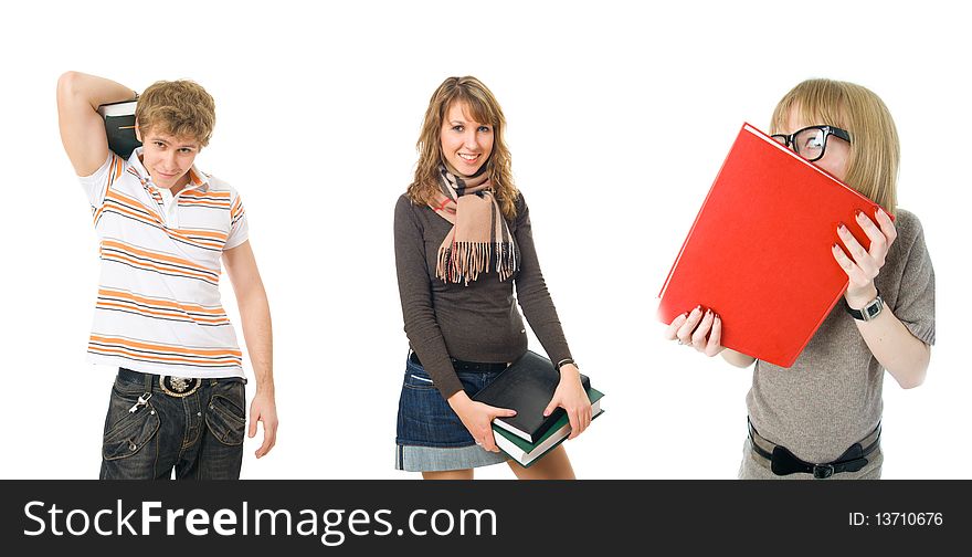 The three young students isolated on a white