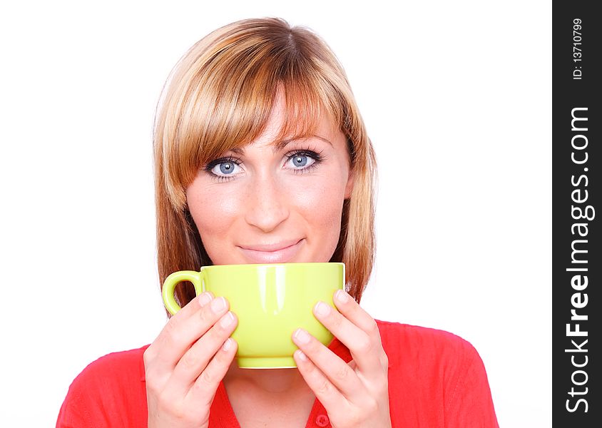 Isolated female holding green tea. Isolated female holding green tea