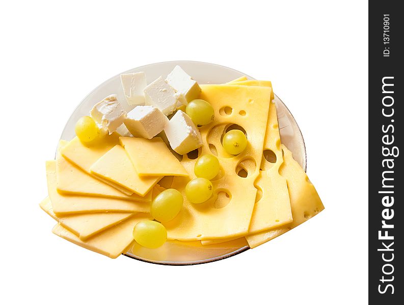 Dish with different kinds of the cheese, isolated on a white background