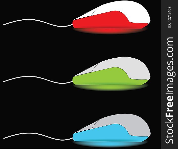 Three multi-coloured computer mice with a piece of a feeding cord and the bottom illumination are located one under another on a black background. Three multi-coloured computer mice with a piece of a feeding cord and the bottom illumination are located one under another on a black background