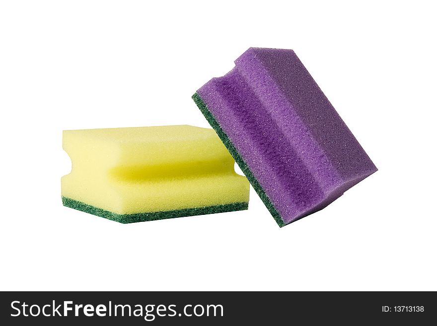 Yellow and violet sponges isolated over white. Yellow and violet sponges isolated over white