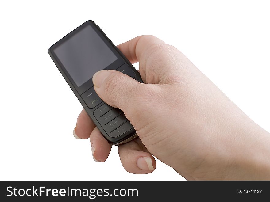 Modern mobile phone in a womans hand isolated on white background. Modern mobile phone in a womans hand isolated on white background