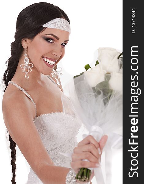 Bride with wedding bouquet over white background