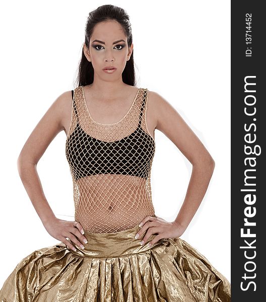 Cute young female posing in belly dancer costume