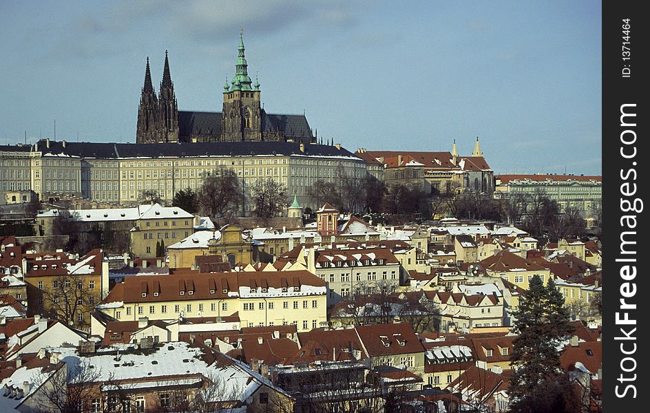 Panorama areal Prague castle with cathedral Holy Vit and historical building part Dinky Side.