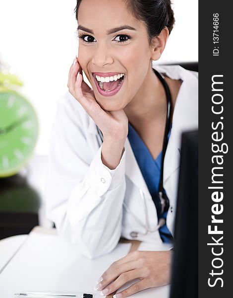 Closeup shot of young asian female doctor in isolated white background