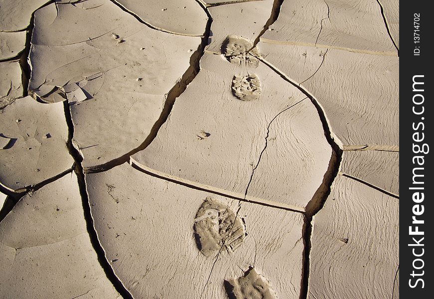 Footprints in dried sand Death Valley USA
