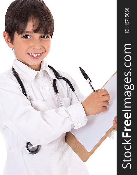 Little boy doctor writes on his clipboard for diagnosis on white background