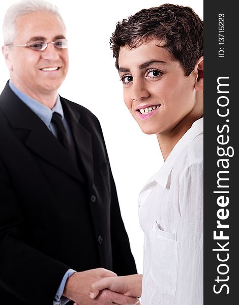 Business man handshake with a young boy on isolated white background