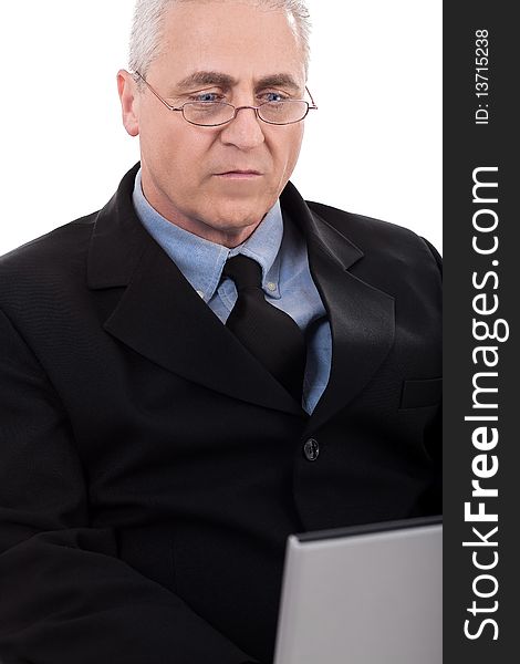 Seriously working business man over isolated background