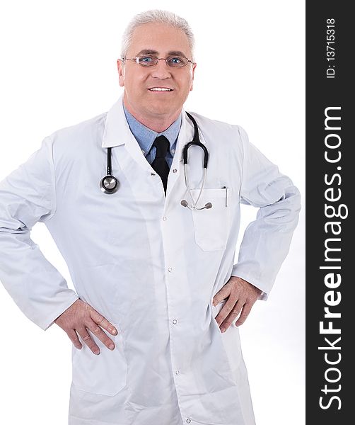 Smiling medical doctor with stethoscope in white background