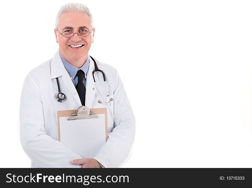 Senior doctor holding clipboard on isoalted white background