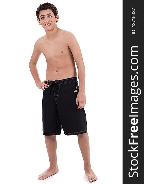 Handsome teenager with trousers only on isoalted white background