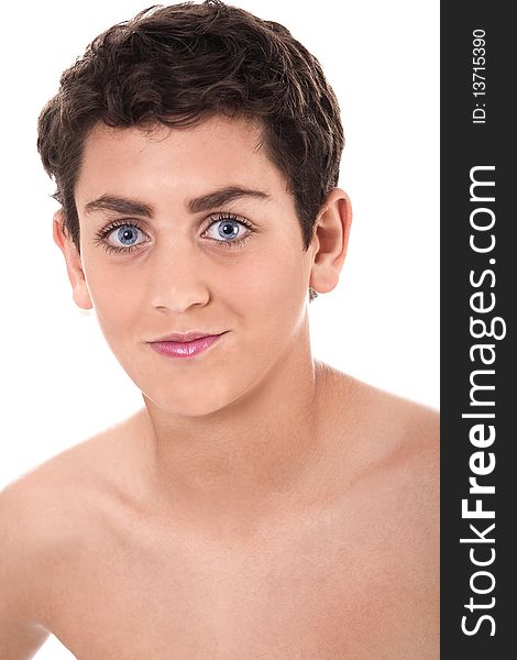 Shirtless young boy smiling over white background