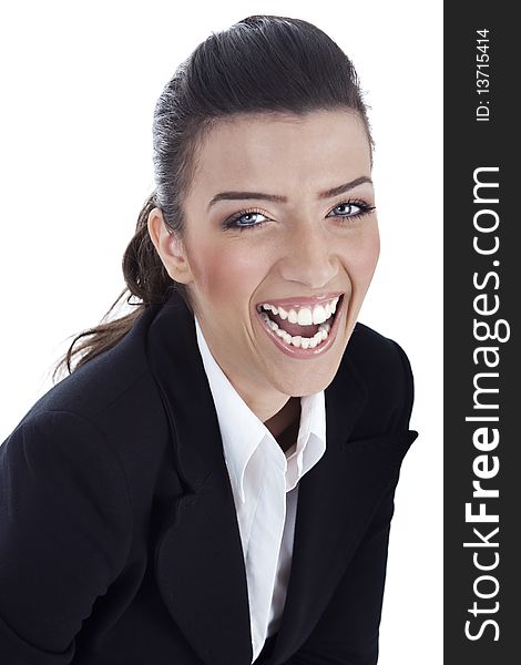 Happy business woman smiling on white background