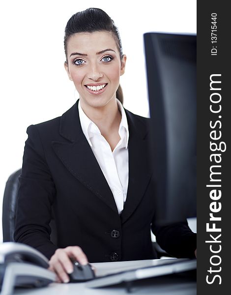 Business woman working at office over white background