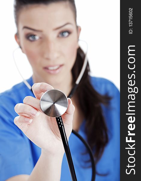 Closeup shot of female nurse with Stethoscope, focus on Stethoscope over white background