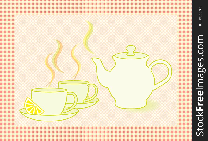 This is a  illustration of a tea set with 2 tea cups and a tea pot. This is a  illustration of a tea set with 2 tea cups and a tea pot.